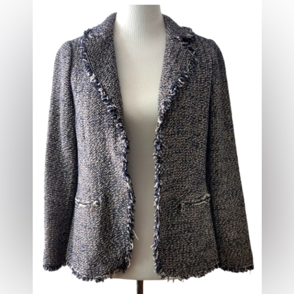 Rebecca Taylor Blue Pink and White Confetti Tweed Blazer with Frayed Edges